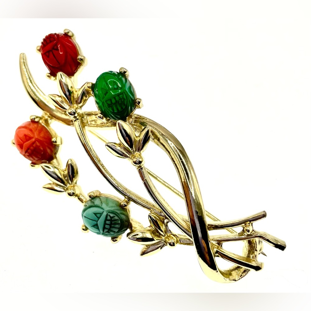 Vintage 1960's Gold Tone Carved Scarab Brooch Pin Floral Design
